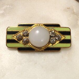 Vintage Art Deco Classic Clear Enamel Rhinestone Brooch Pin Green Black C Clasp
